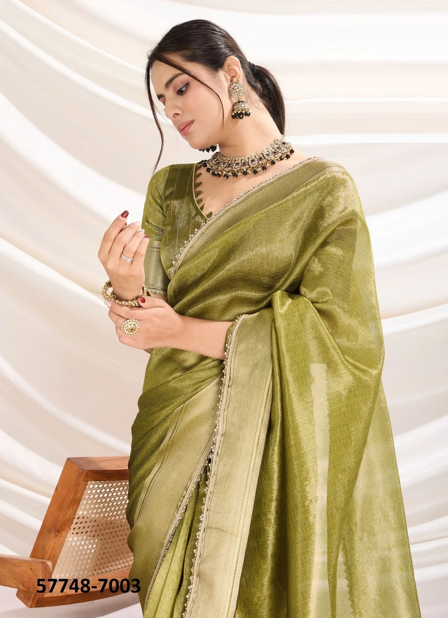 Light Olive Green Tissue Linen Woven Saree For Traditional / Religious-Occasions