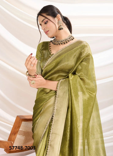 Light Olive Green Tissue Linen Woven Saree For Traditional / Religious-Occasions
