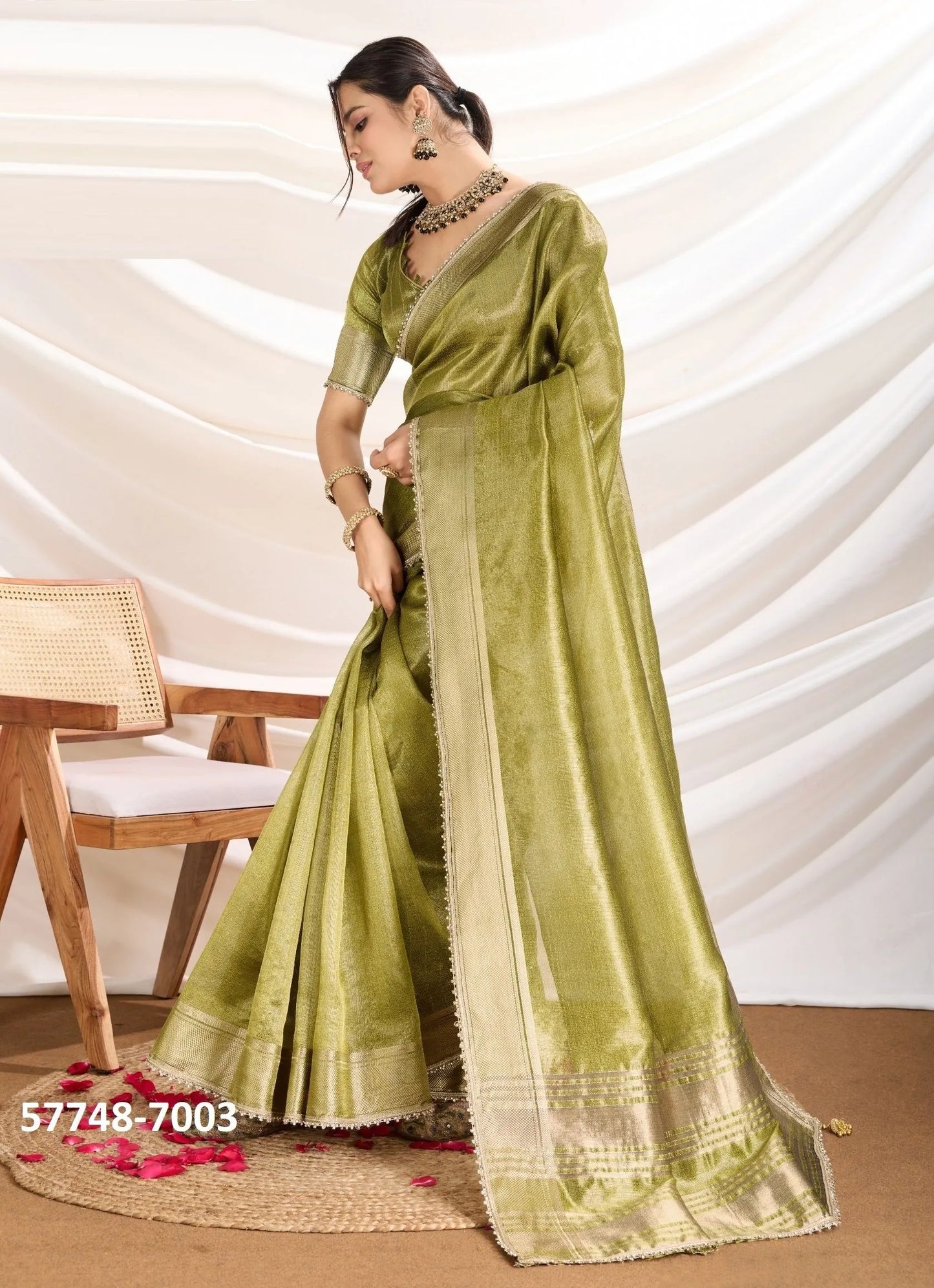 Light Olive Green Tissue Linen Woven Saree For Traditional / Religious-Occasions