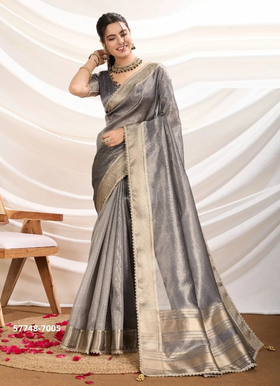 Gray Tissue Linen Woven Saree For Traditional / Religious-Occasions