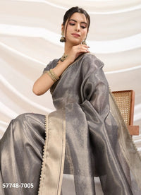 Gray Tissue Linen Woven Saree For Traditional / Religious-Occasions