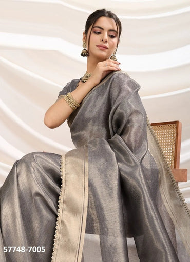 Gray Tissue Linen Woven Saree For Traditional / Religious-Occasions