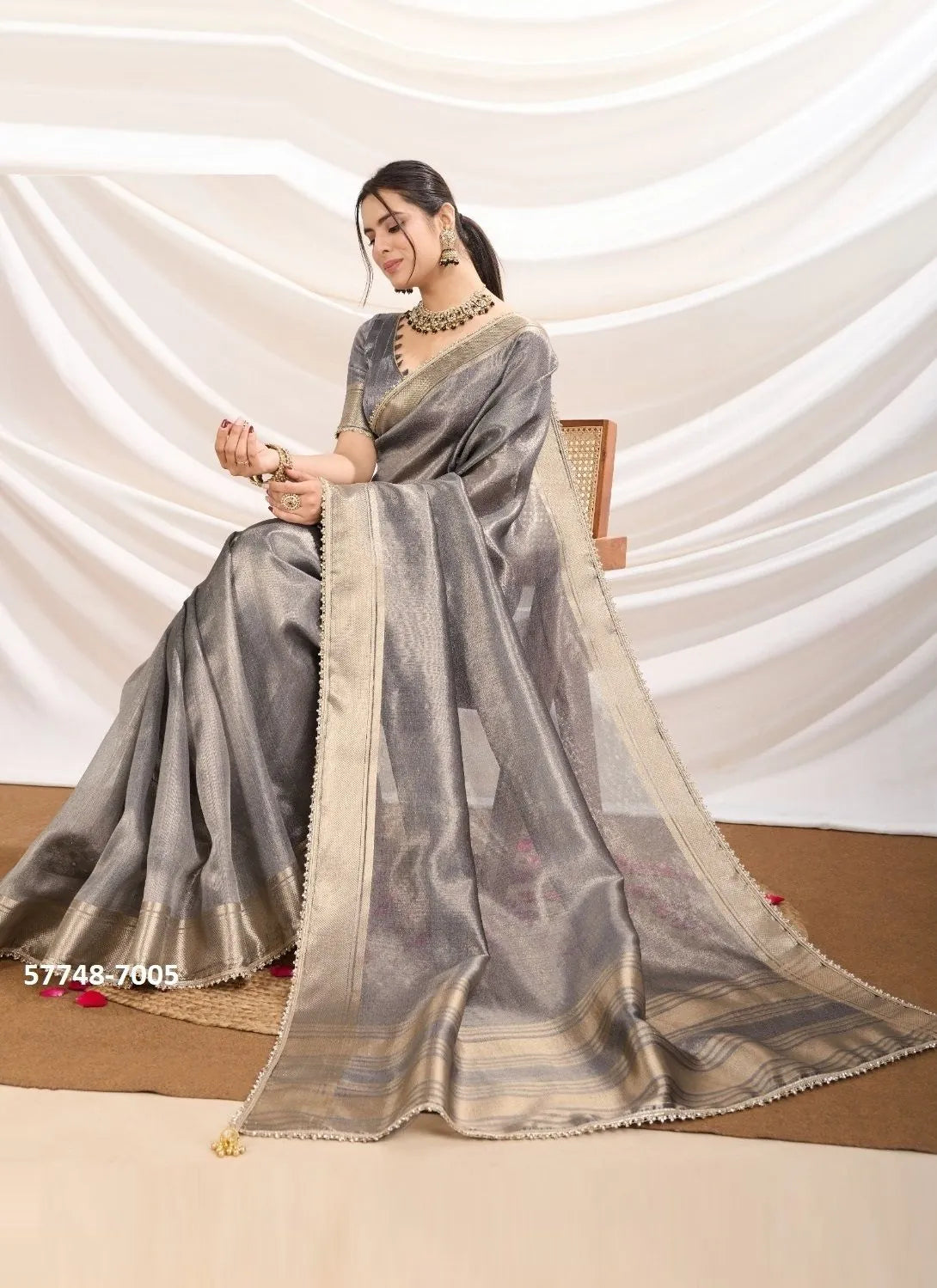 Gray Tissue Linen Woven Saree For Traditional / Religious-Occasions