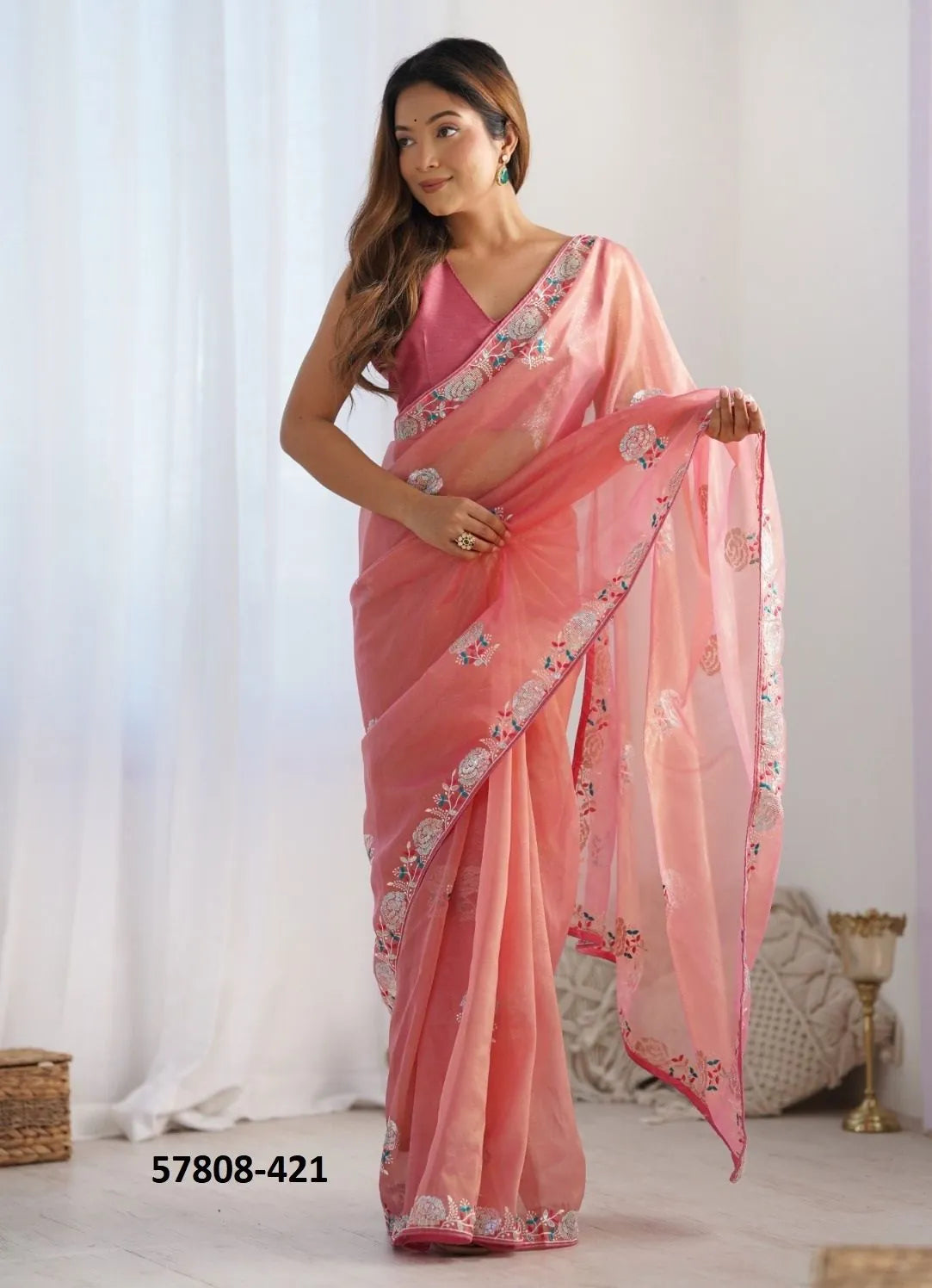 Light Coral Twill Net Thread-Work Festive-Wear Beautiful Saree