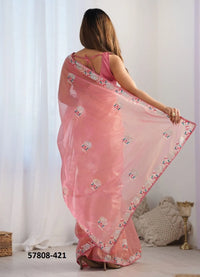 Light Coral Twill Net Thread-Work Festive-Wear Beautiful Saree