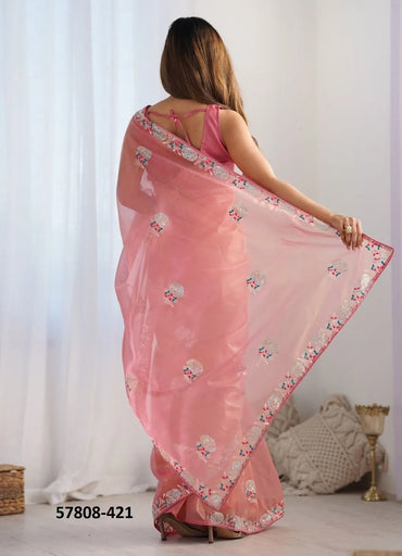 Light Coral Twill Net Thread-Work Festive-Wear Beautiful Saree
