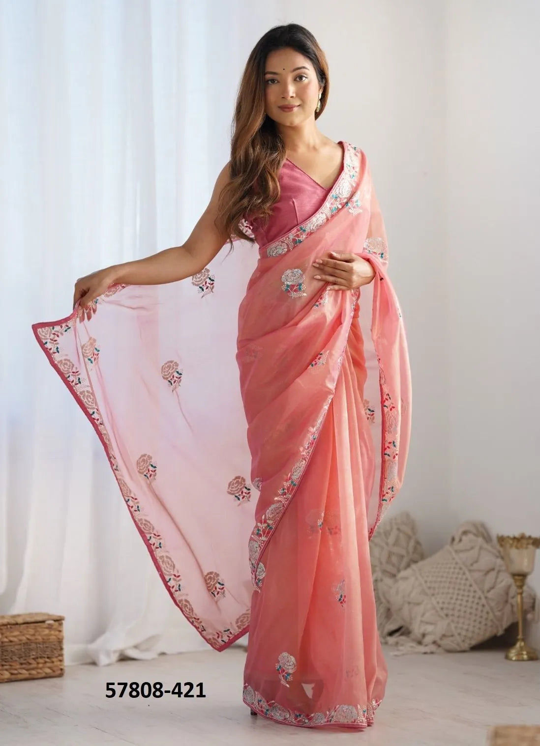 Light Coral Twill Net Thread-Work Festive-Wear Beautiful Saree