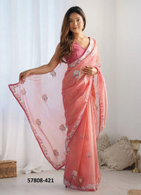 Light Coral Twill Net Thread-Work Festive-Wear Beautiful Saree