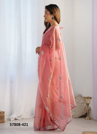 Light Coral Twill Net Thread-Work Festive-Wear Beautiful Saree