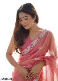 Light Coral Twill Net Thread-Work Festive-Wear Beautiful Saree