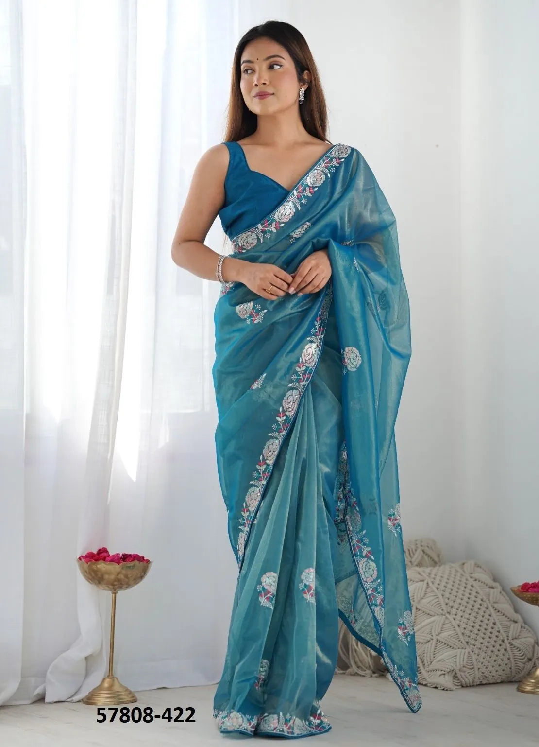 Sea Blue Twill Net Thread-Work Festive-Wear Beautiful Saree