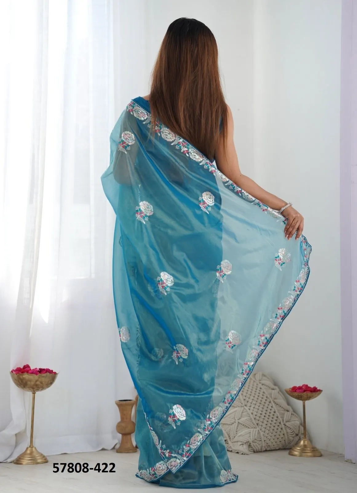 Sea Blue Twill Net Thread-Work Festive-Wear Beautiful Saree