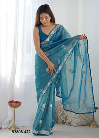 Sea Blue Twill Net Thread-Work Festive-Wear Beautiful Saree