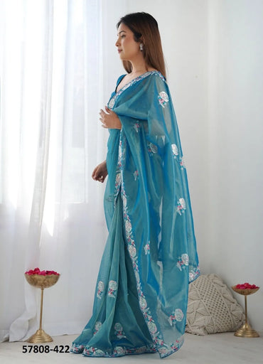 Sea Blue Twill Net Thread-Work Festive-Wear Beautiful Saree