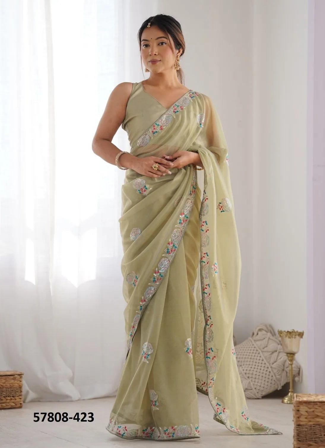 Pista Green Twill Net Thread-Work Festive-Wear Beautiful Saree