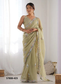 Pista Green Twill Net Thread-Work Festive-Wear Beautiful Saree