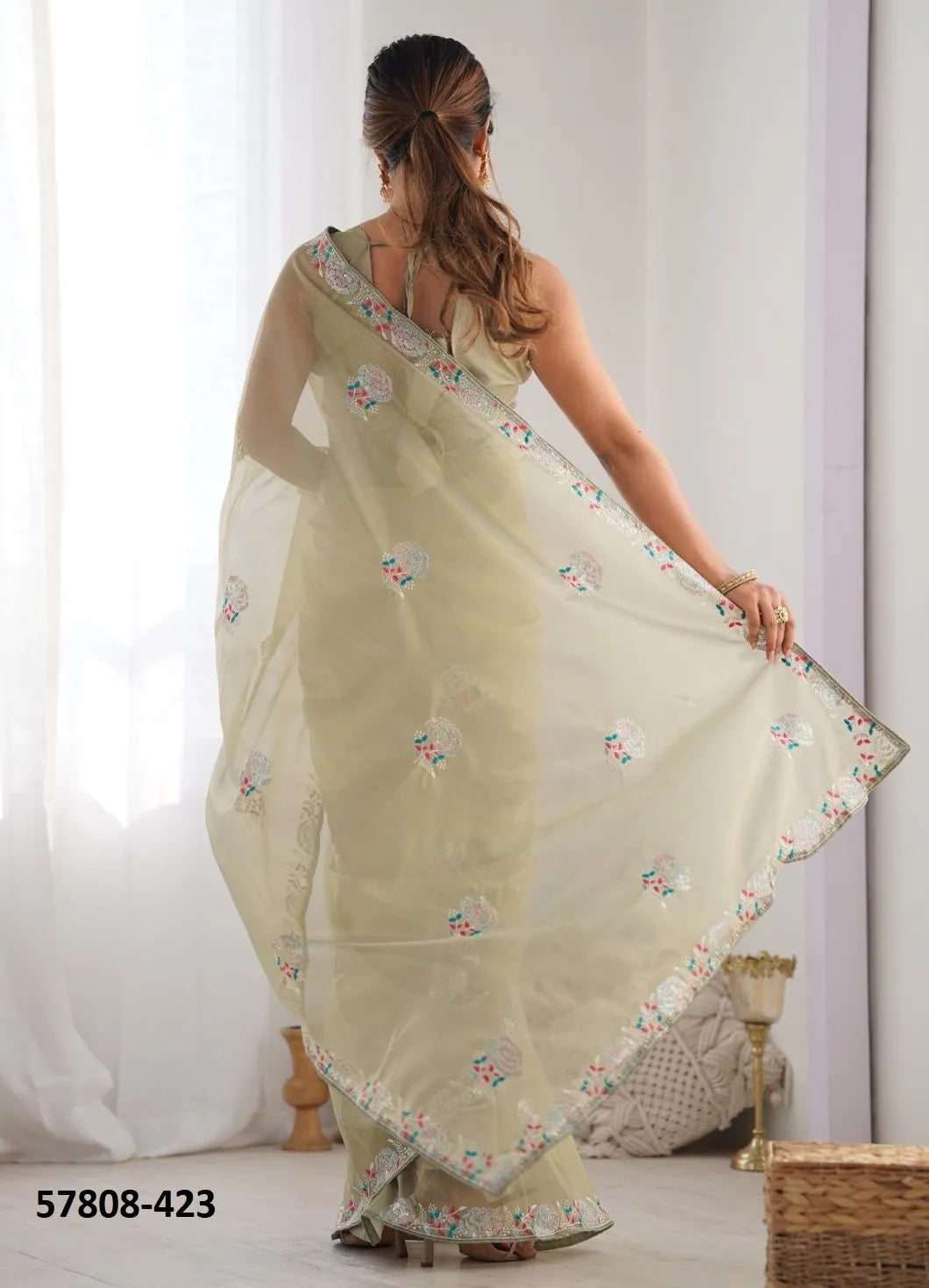 Pista Green Twill Net Thread-Work Festive-Wear Beautiful Saree