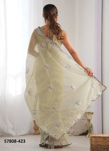 Pista Green Twill Net Thread-Work Festive-Wear Beautiful Saree