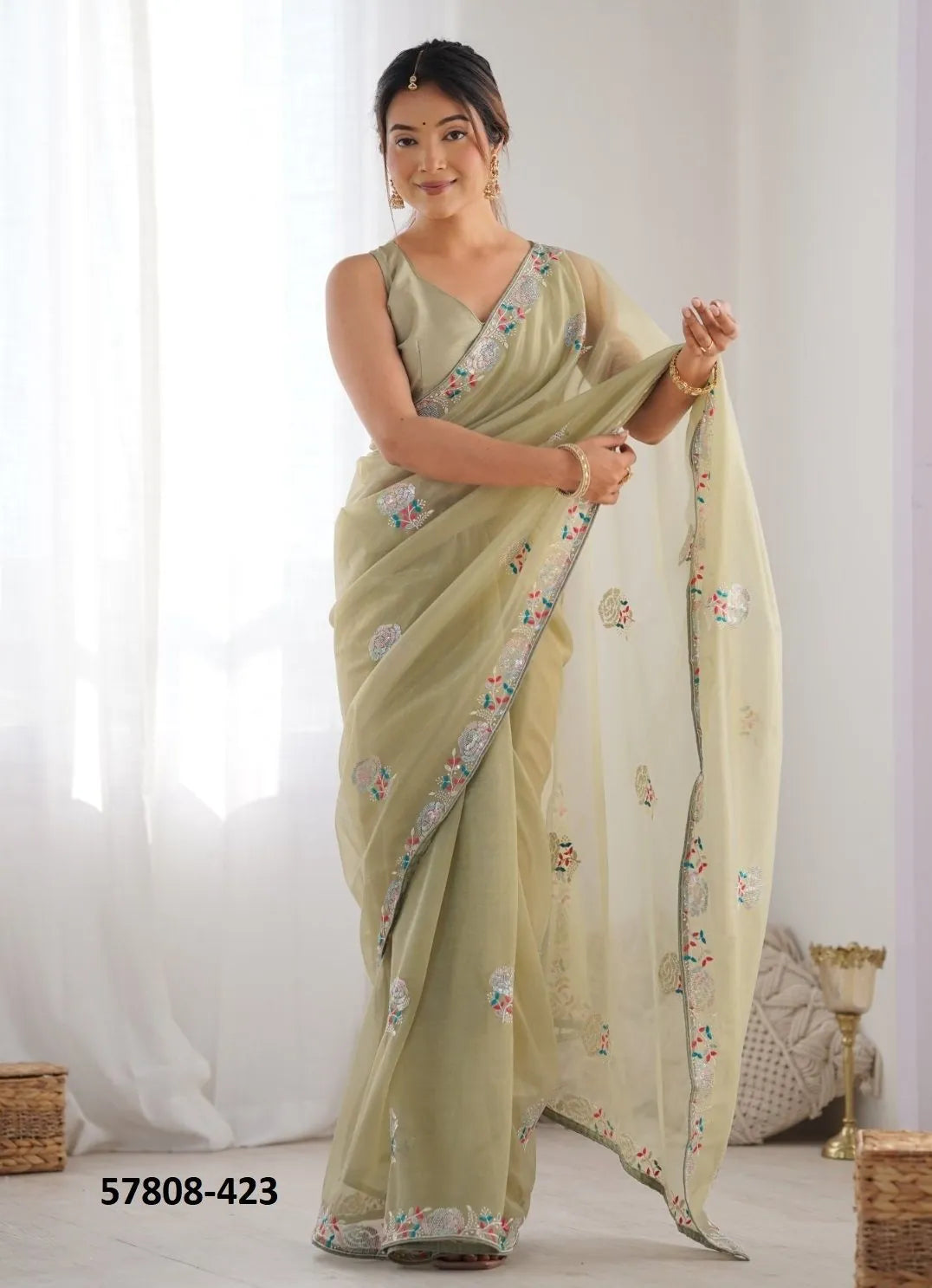 Pista Green Twill Net Thread-Work Festive-Wear Beautiful Saree