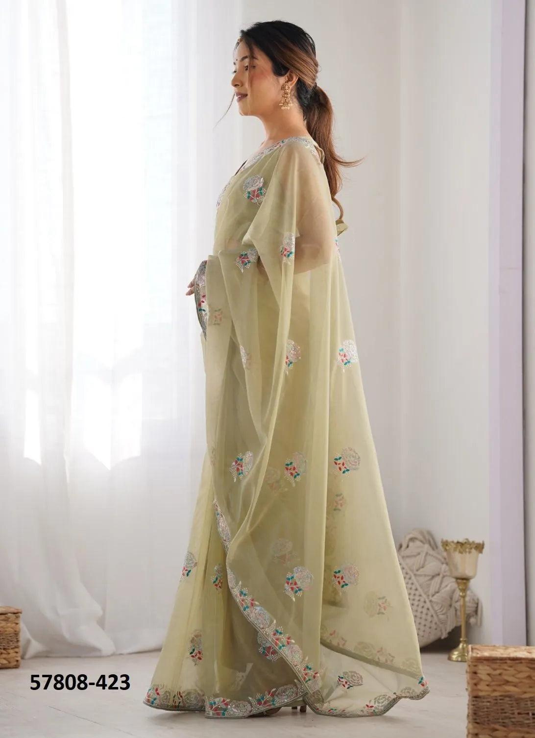 Pista Green Twill Net Thread-Work Festive-Wear Beautiful Saree
