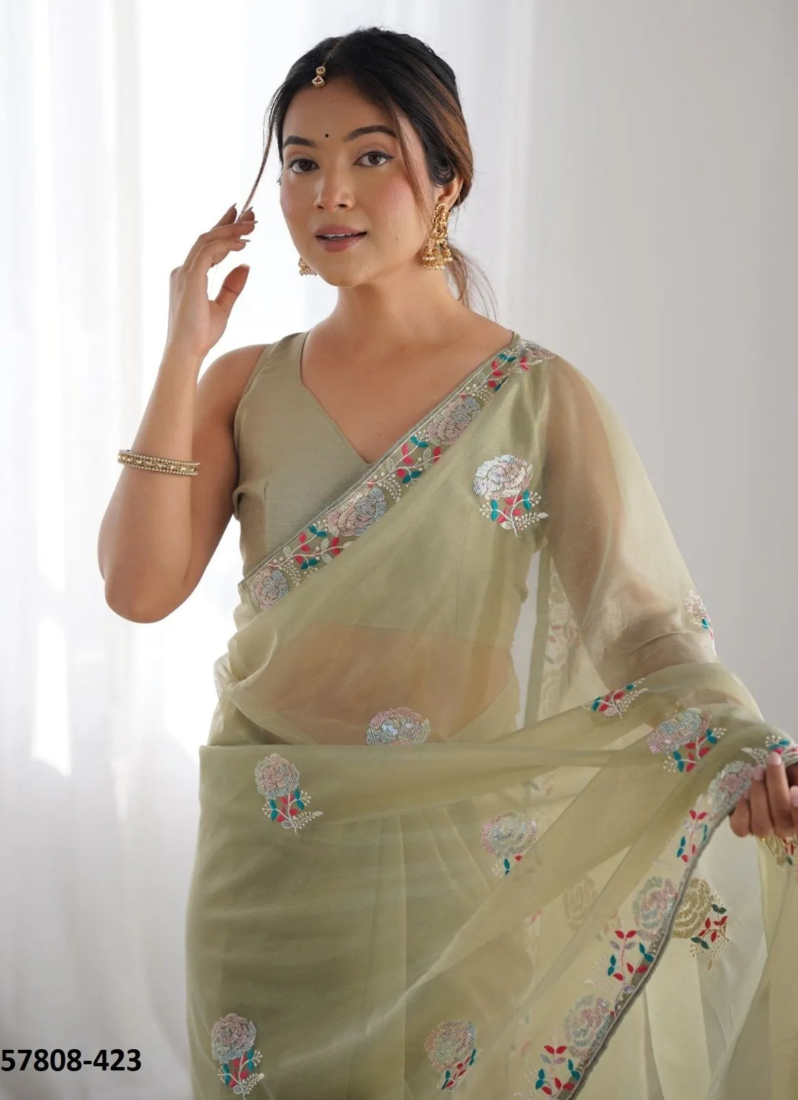 Pista Green Twill Net Thread-Work Festive-Wear Beautiful Saree