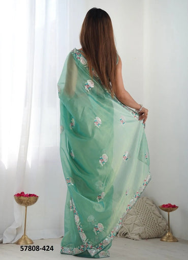 Teal Green Twill Net Thread-Work Festive-Wear Beautiful Saree