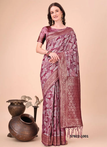 Wine Cotton Woven Festive-Wear Handloom Saree