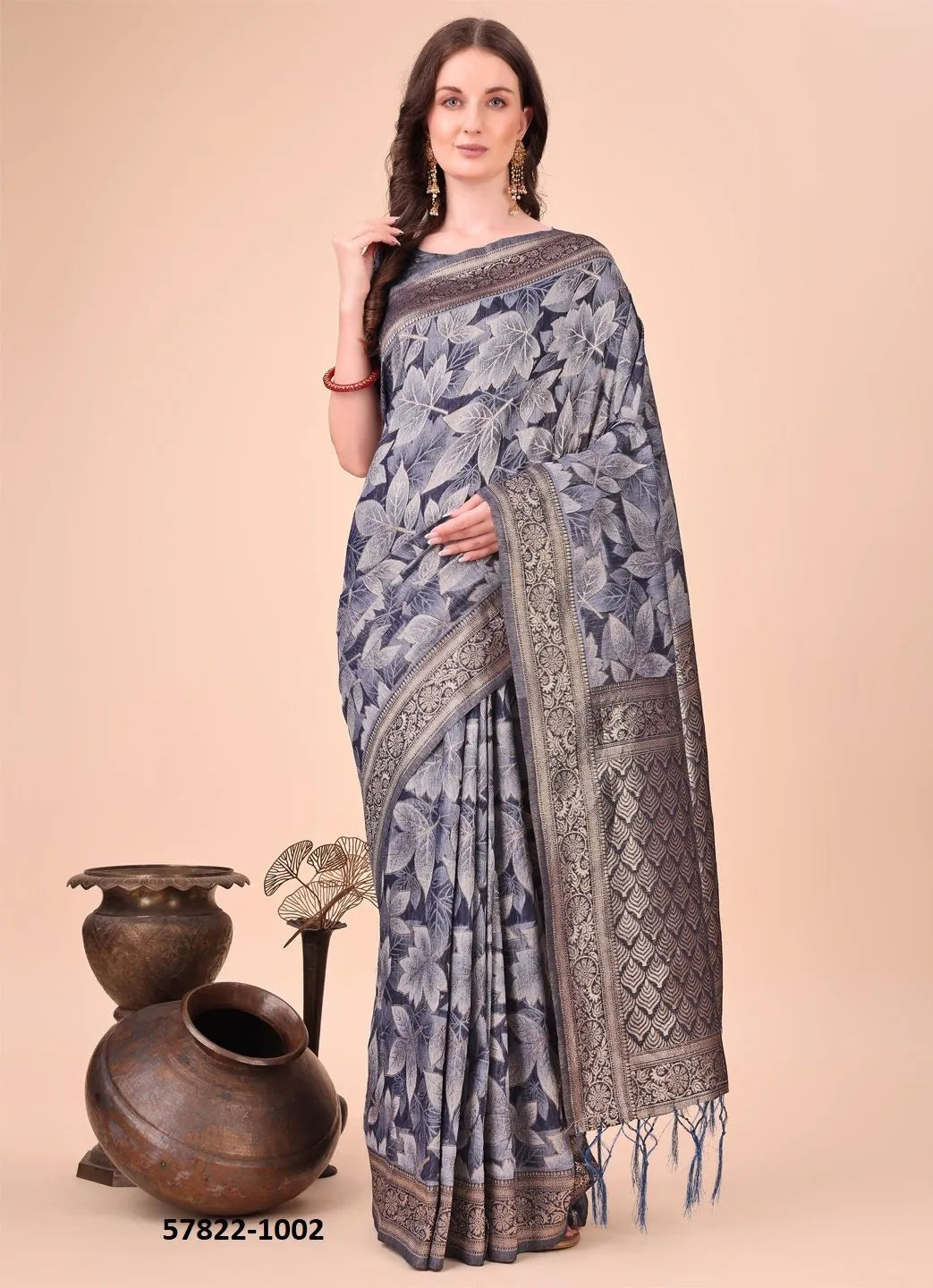 Navy Blue Cotton Woven Festive-Wear Handloom Saree