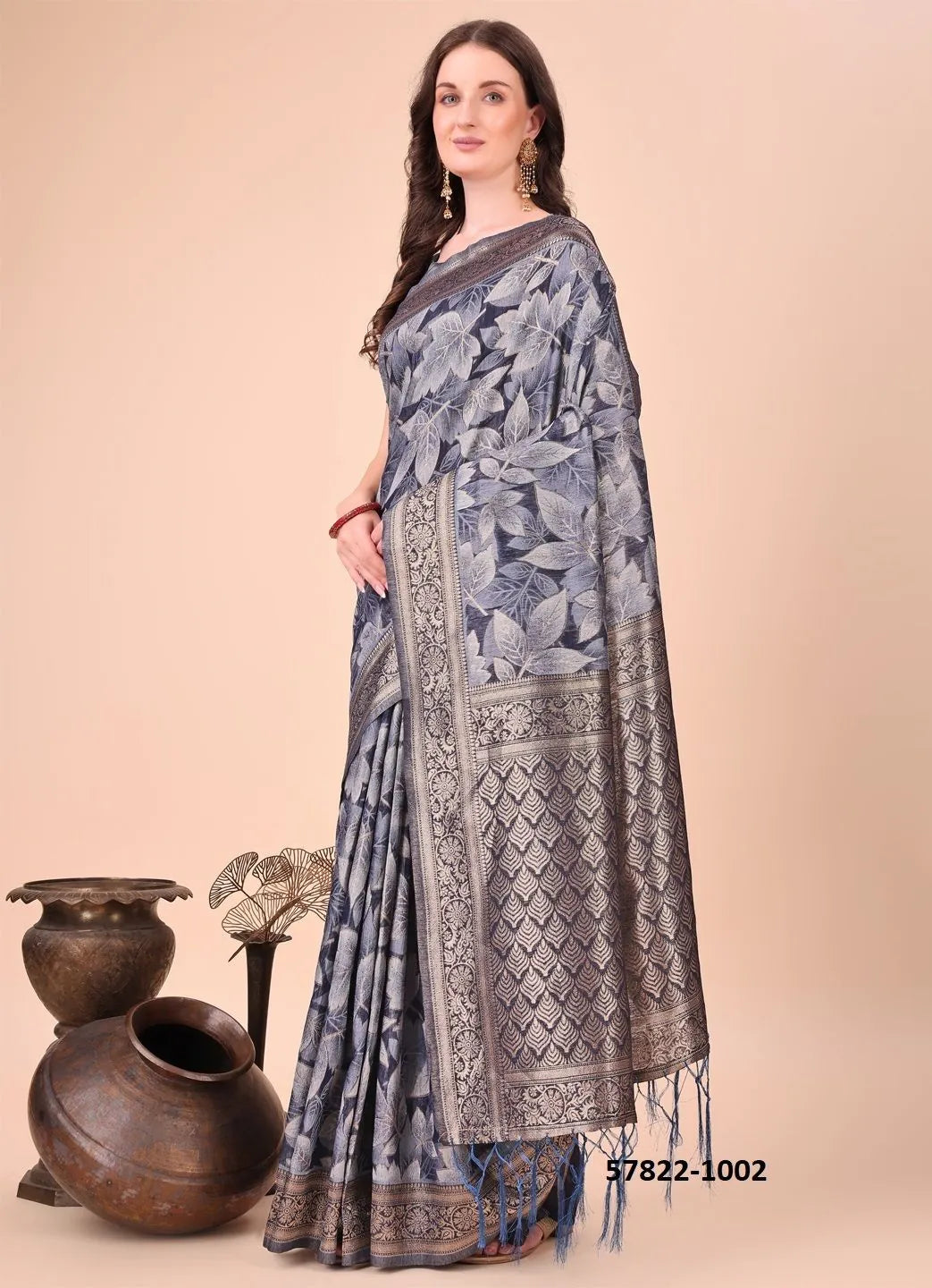 Navy Blue Cotton Woven Festive-Wear Handloom Saree