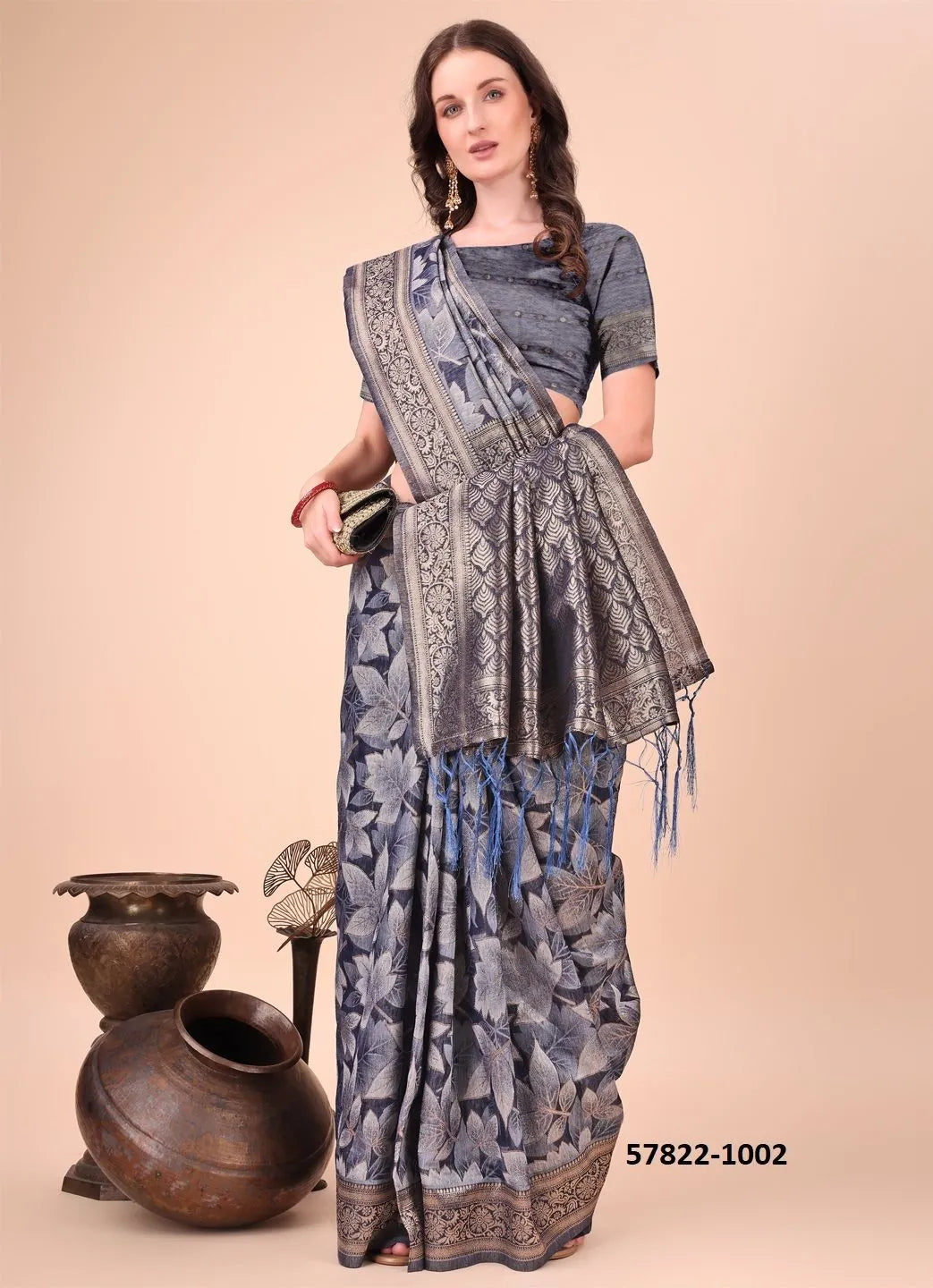 Navy Blue Cotton Woven Festive-Wear Handloom Saree