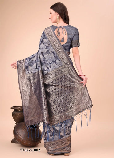 Navy Blue Cotton Woven Festive-Wear Handloom Saree