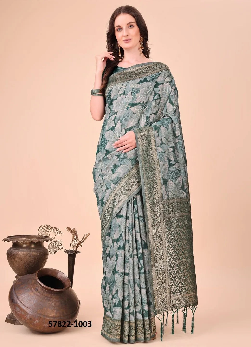Teal Green Cotton Woven Festive-Wear Handloom Saree