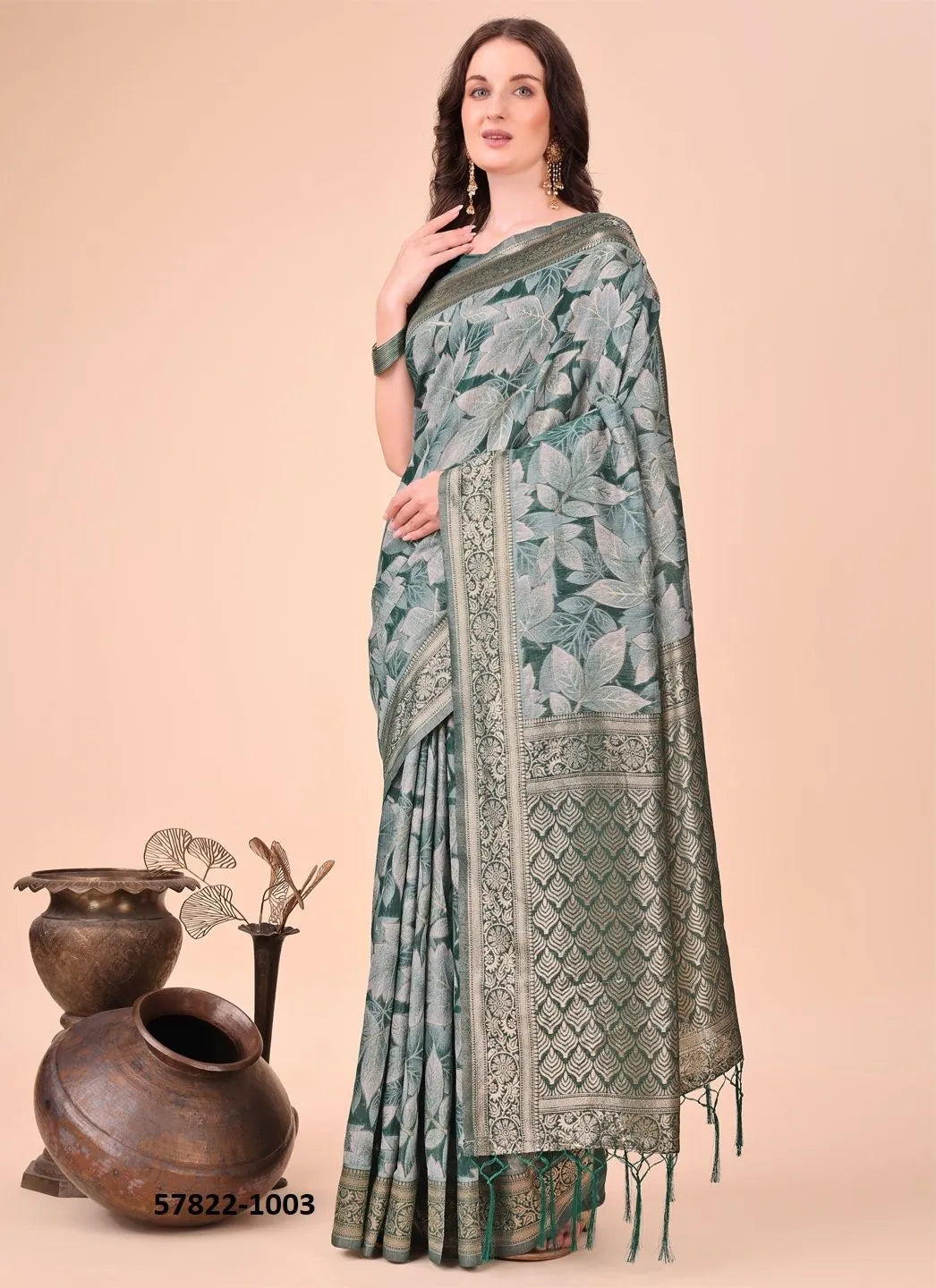 Teal Green Cotton Woven Festive-Wear Handloom Saree