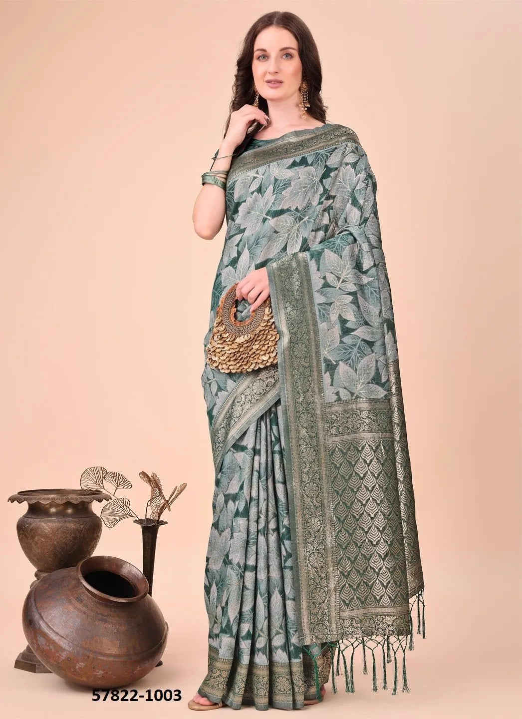 Teal Green Cotton Woven Festive-Wear Handloom Saree
