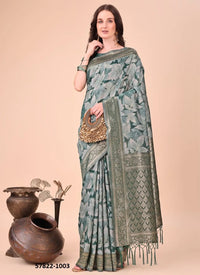 Teal Green Cotton Woven Festive-Wear Handloom Saree