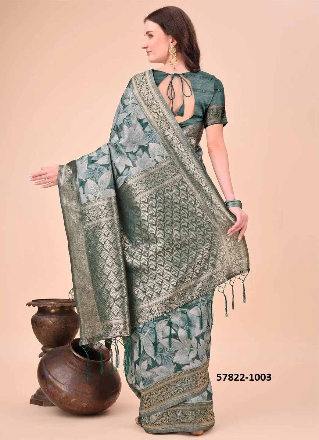 Teal Green Cotton Woven Festive-Wear Handloom Saree