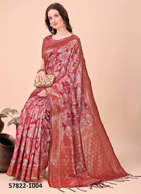 Red Cotton Woven Festive-Wear Handloom Saree