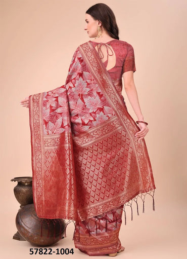 Red Cotton Woven Festive-Wear Handloom Saree