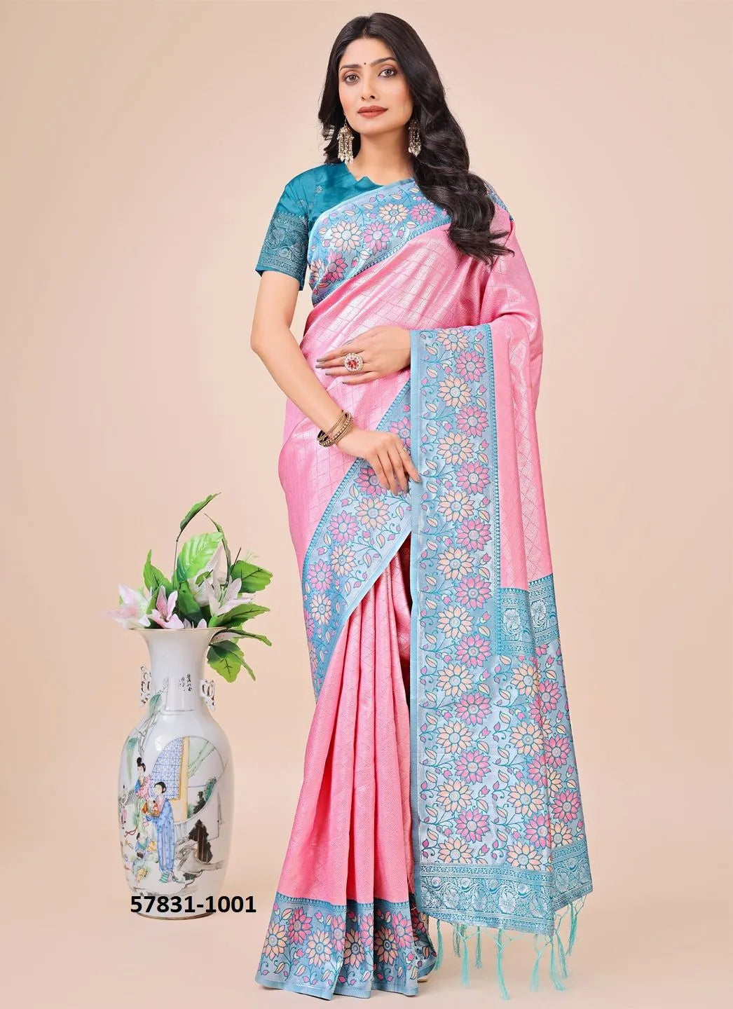 Pink Lichi Soft Silk Woven Festive-Wear Saree