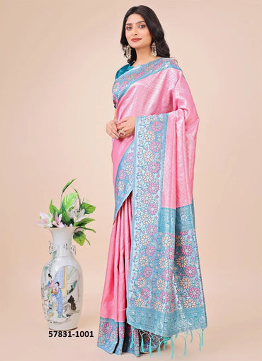 Pink Lichi Soft Silk Woven Festive-Wear Saree