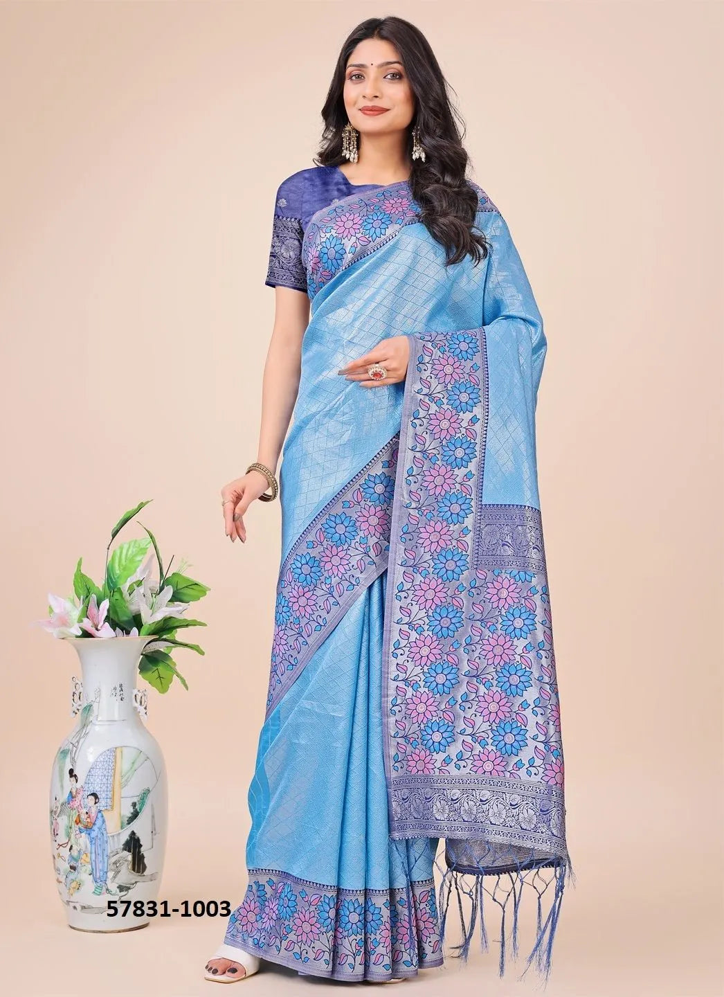 Sky Blue Lichi Soft Silk Woven Festive-Wear Saree