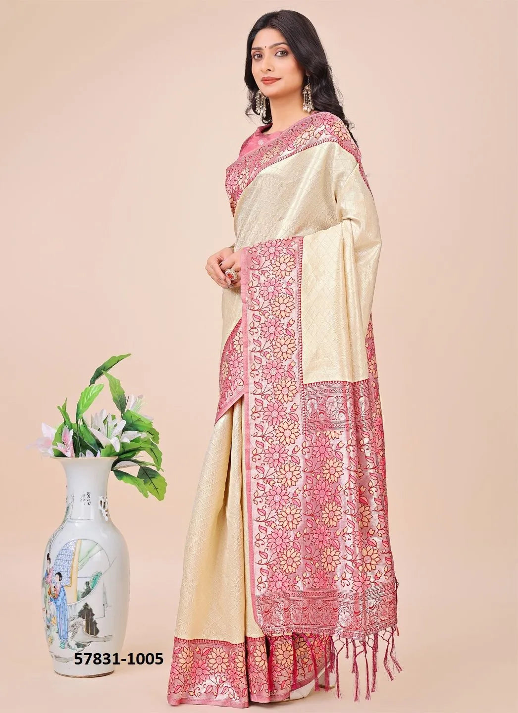 Beige Lichi Soft Silk Woven Festive-Wear Saree