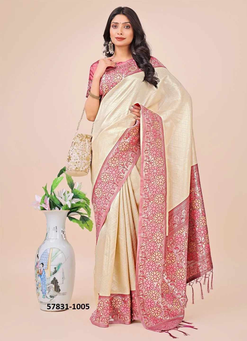 Beige Lichi Soft Silk Woven Festive-Wear Saree
