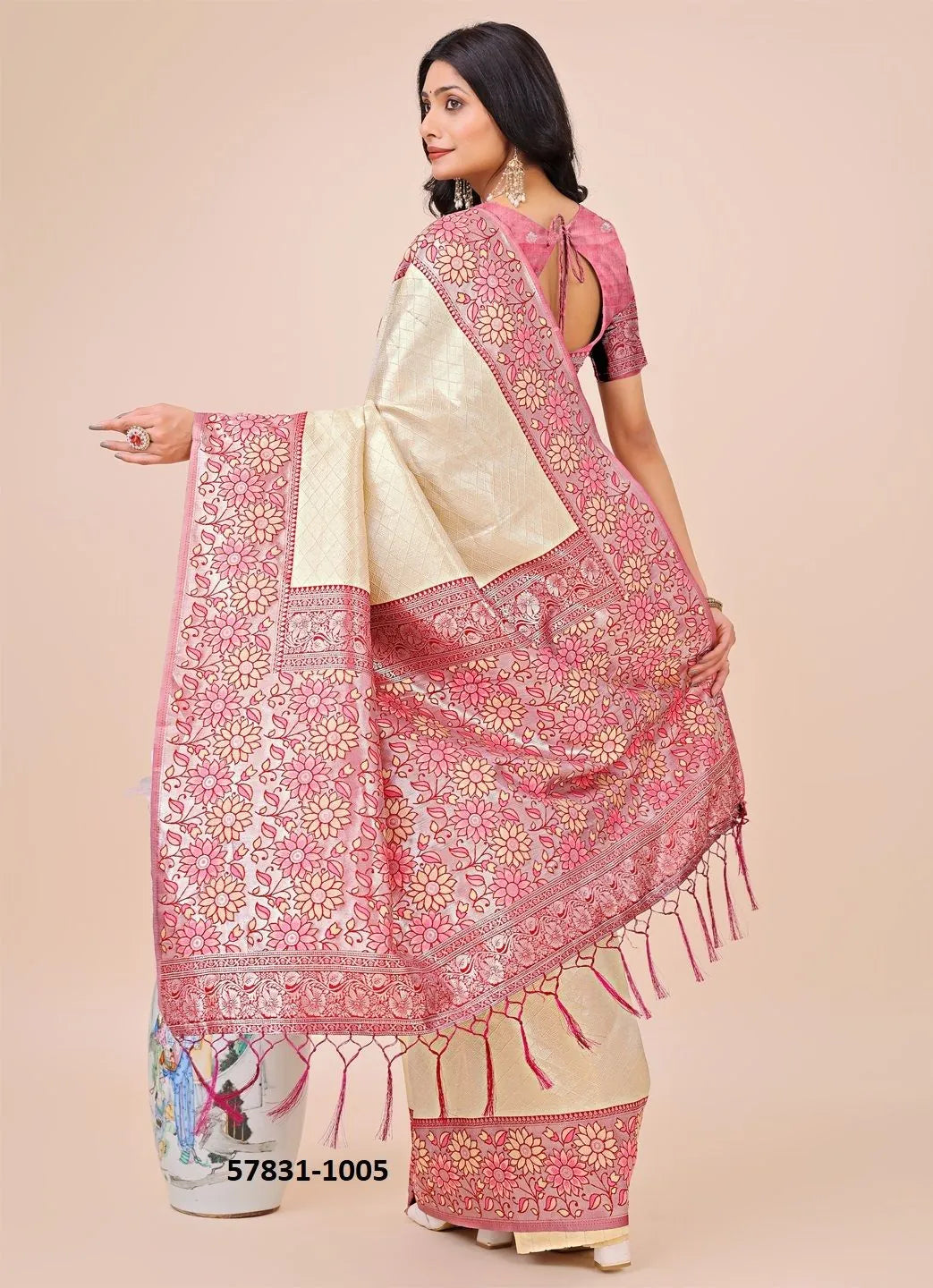 Beige Lichi Soft Silk Woven Festive-Wear Saree