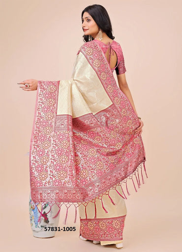 Beige Lichi Soft Silk Woven Festive-Wear Saree