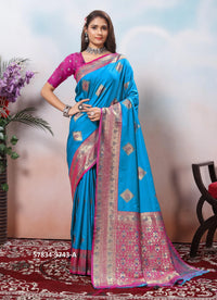 Sky Blue Silk Woven Jacquard Saree For Traditional / Religious-Occasions
