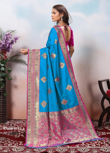 Sky Blue Silk Woven Jacquard Saree For Traditional / Religious-Occasions
