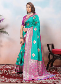 Aqua Green Silk Woven Jacquard Saree For Traditional / Religious-Occasions