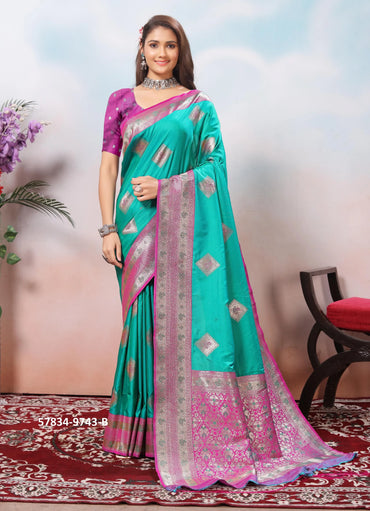 Aqua Green Silk Woven Jacquard Saree For Traditional / Religious-Occasions