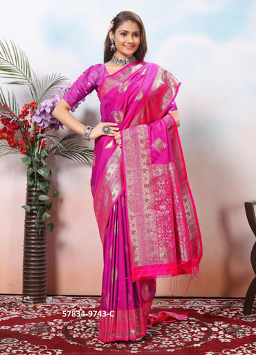 Magenta Silk Woven Jacquard Saree For Traditional / Religious-Occasions